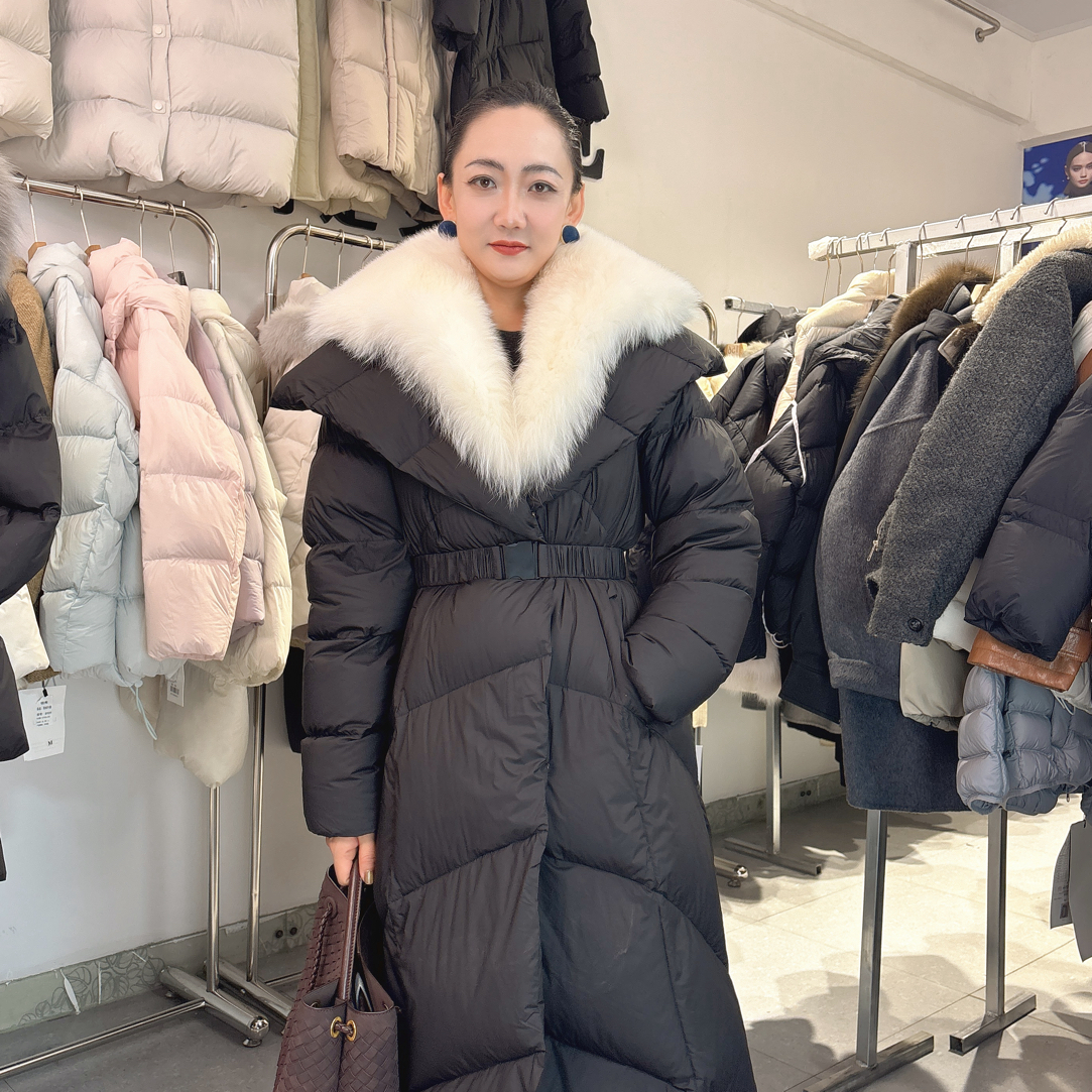 新款韩系大毛领收腰加厚白鹅绒女士冬季长款羽绒服外套