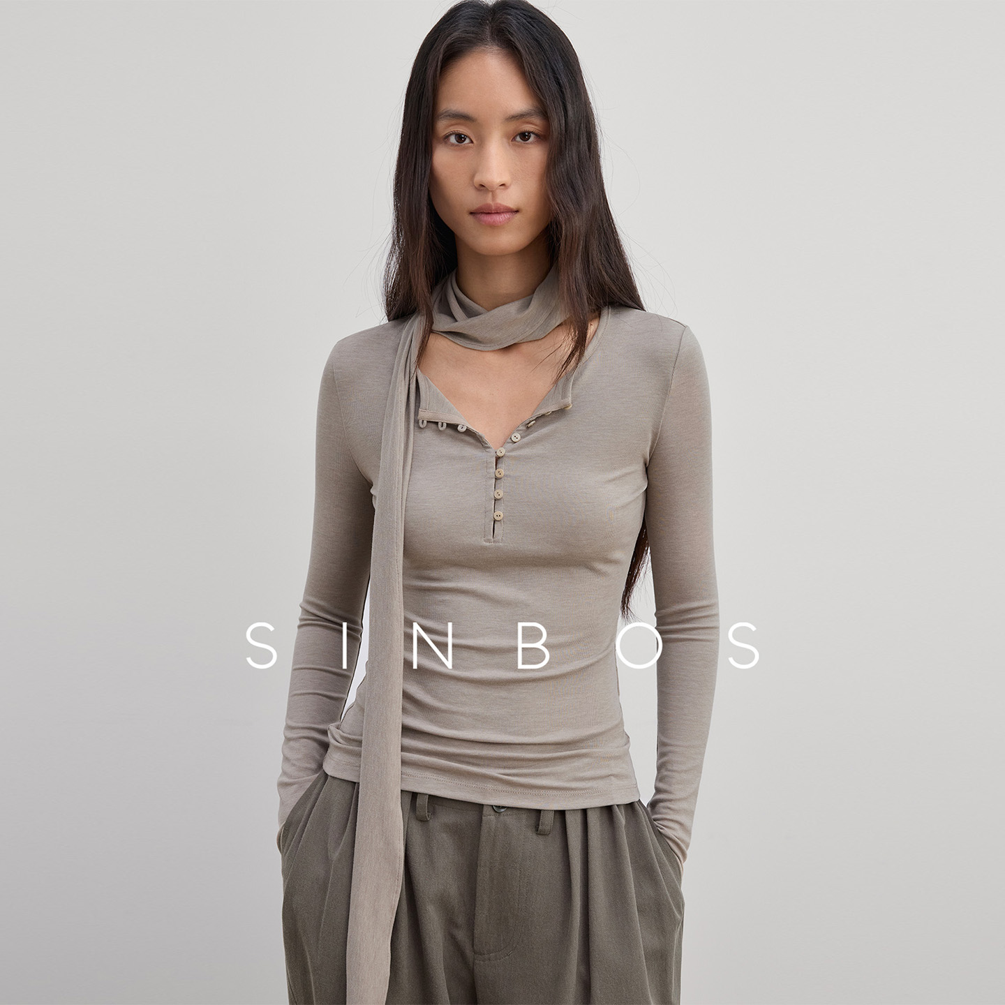 SINBOS长岛假期 磨毛设计优雅飘带羊毛修身打底衫女2025冬季新款