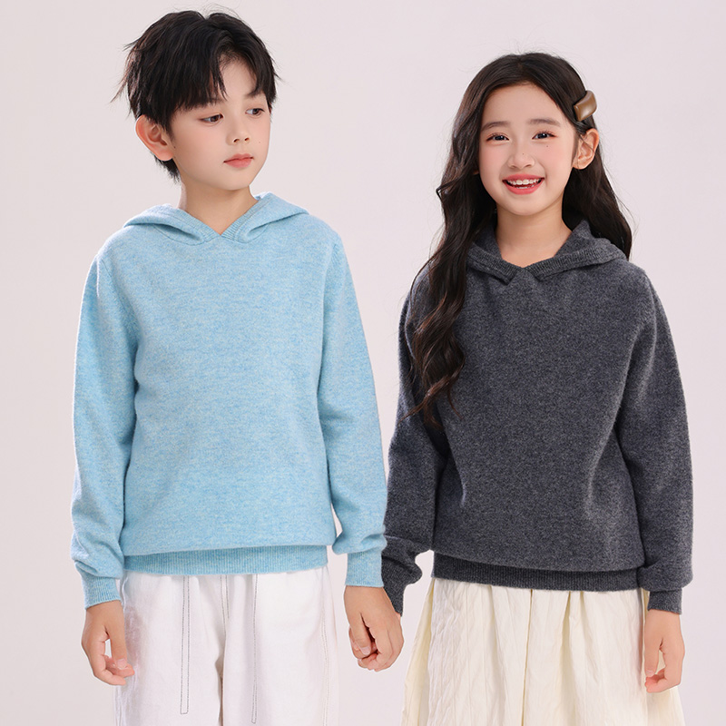 100羊毛针织帽领纯色连帽毛衣针织衫套头衫大童男女童户外