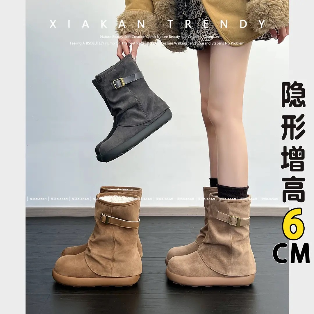 XK欧版裤管内增高4cm褶皱勃肯雪地靴女秋冬加绒保暖中筒堆雪地靴