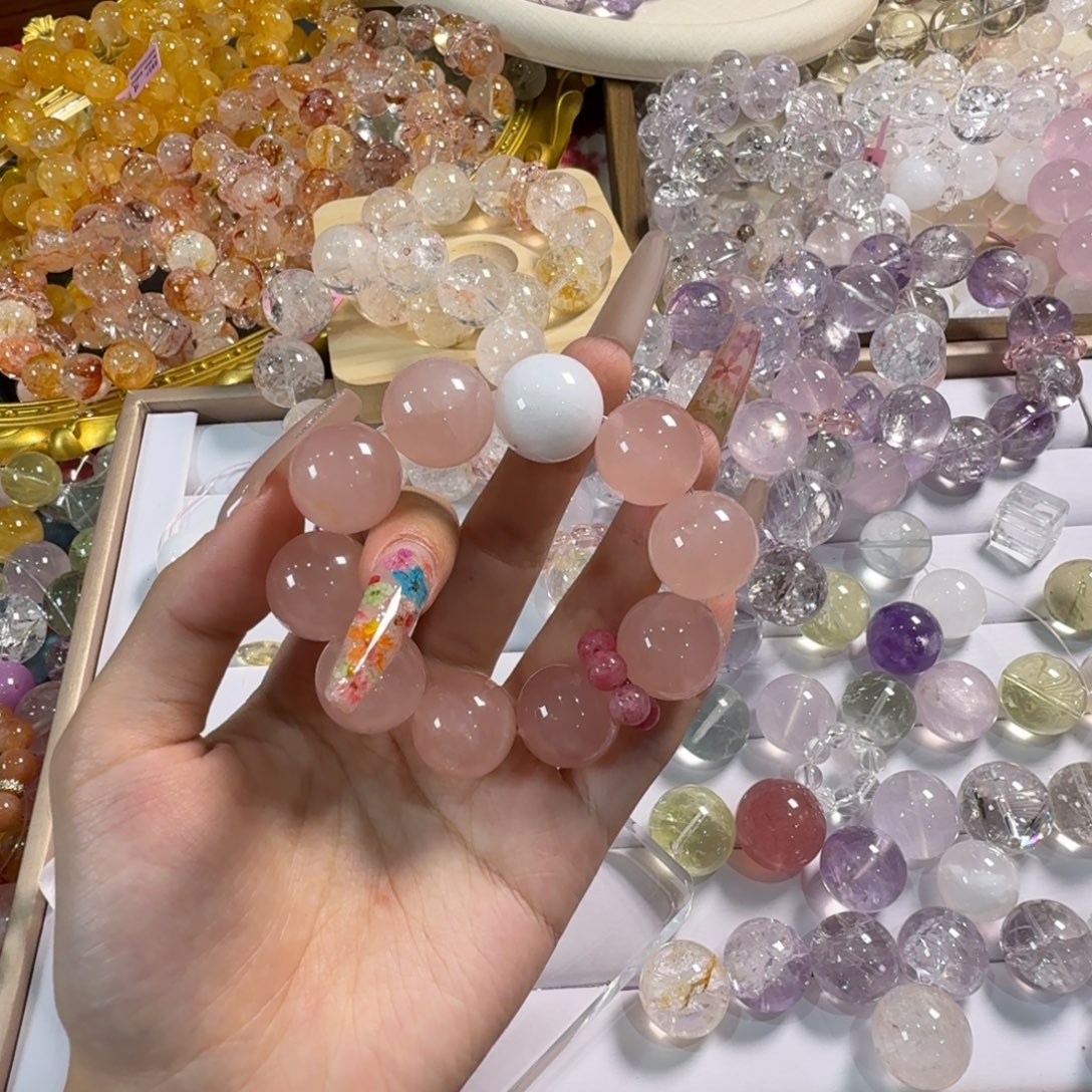 炊***兵未镶嵌手链水晶西柚粉18