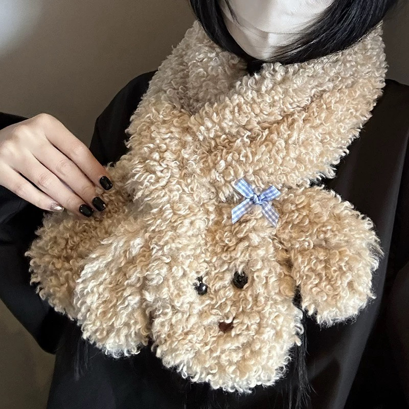 【山茶花】韩版新款时尚百搭卡通可爱眼镜狗毛毛围巾