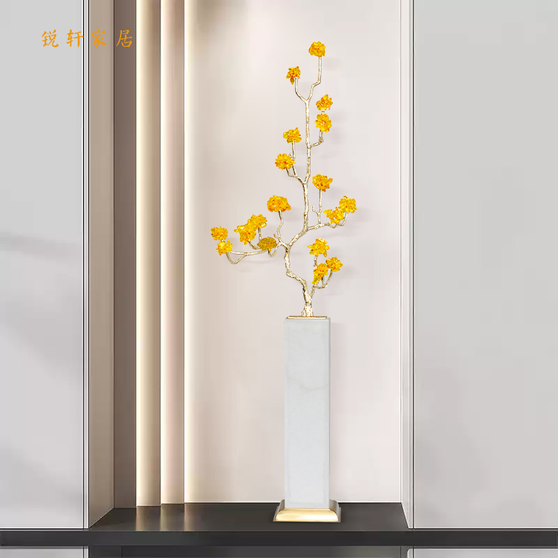 迎客松摆件客厅入户玄关轻奢高端大气新中式竖高细长艺术装饰品