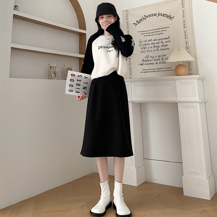 毛呢半身裙女秋冬新款开叉中长款A字裙高腰显瘦加大松紧腰包臀裙