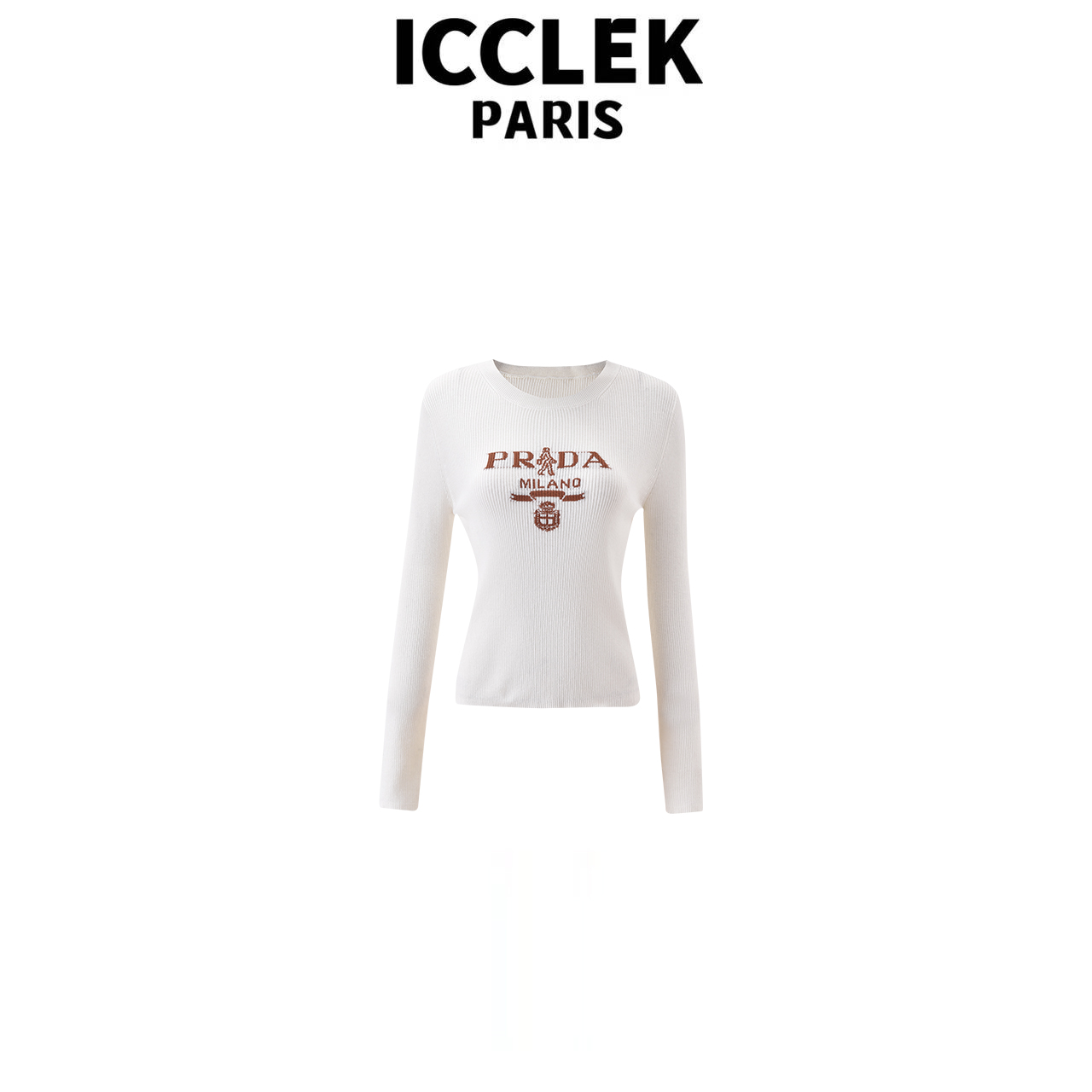 ICCLEK 秋冬新款白色圆领长袖针织衫时尚名媛减龄百搭上衣 - 9321