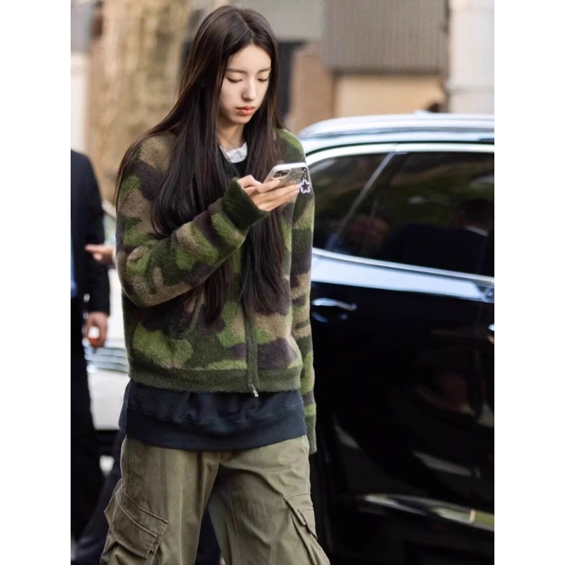 美式复古秋季迷彩百搭毛衣外套女慵懒风软糯上衣高级感针织开衫潮