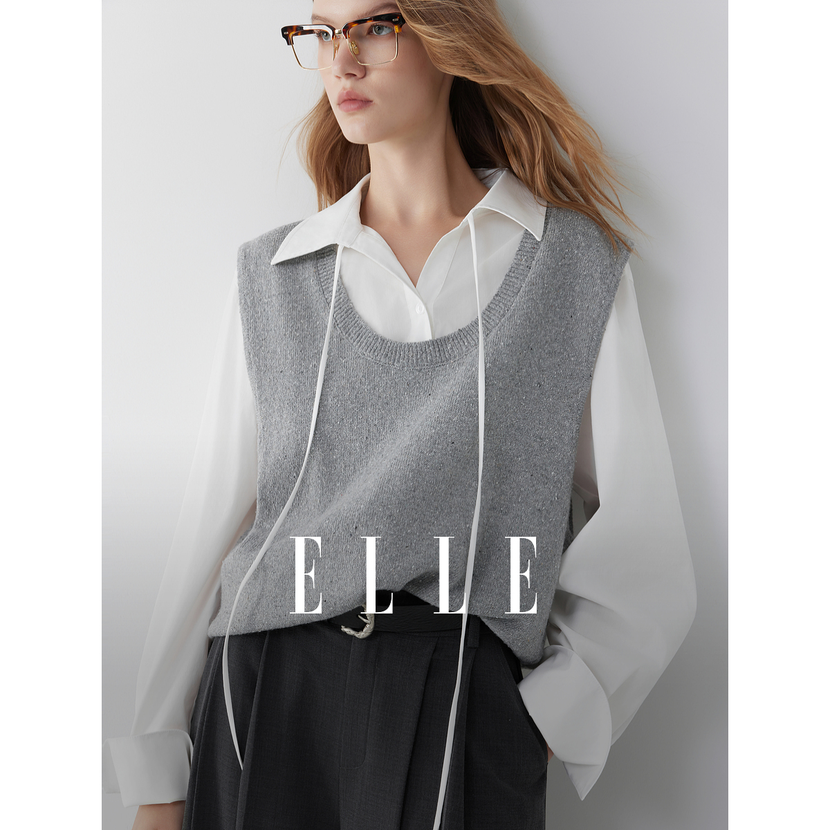 【达人专属】ELLE女装马甲衬衫针织衫2025秋季新款通勤毛衣EM52112