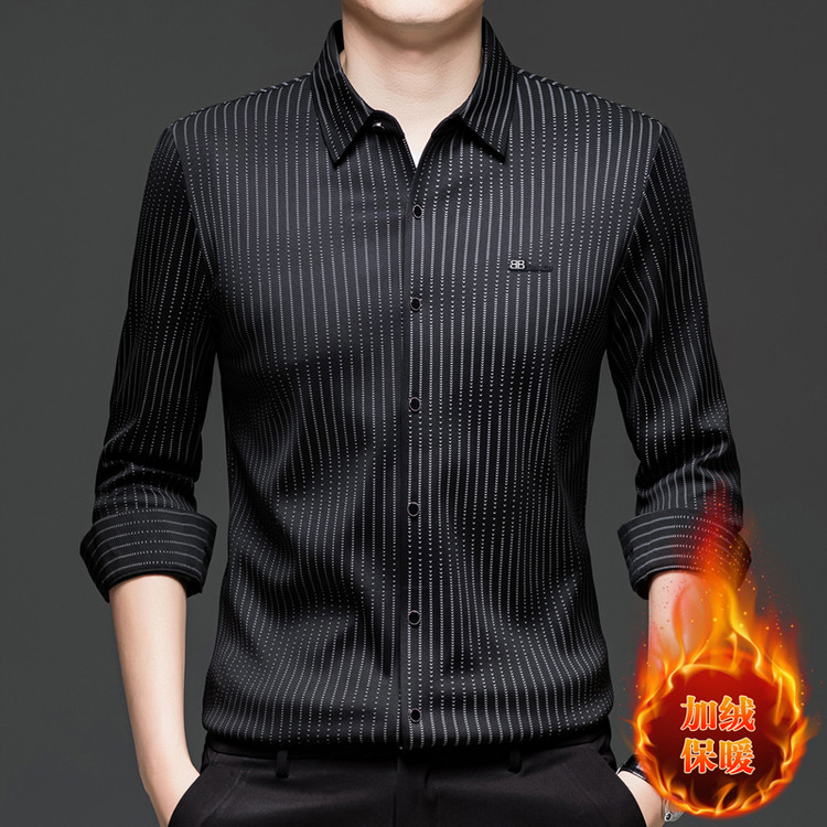 时尚高品质冬季衬衫加绒一体绒保暖条纹线条男士商务休闲弹力免烫