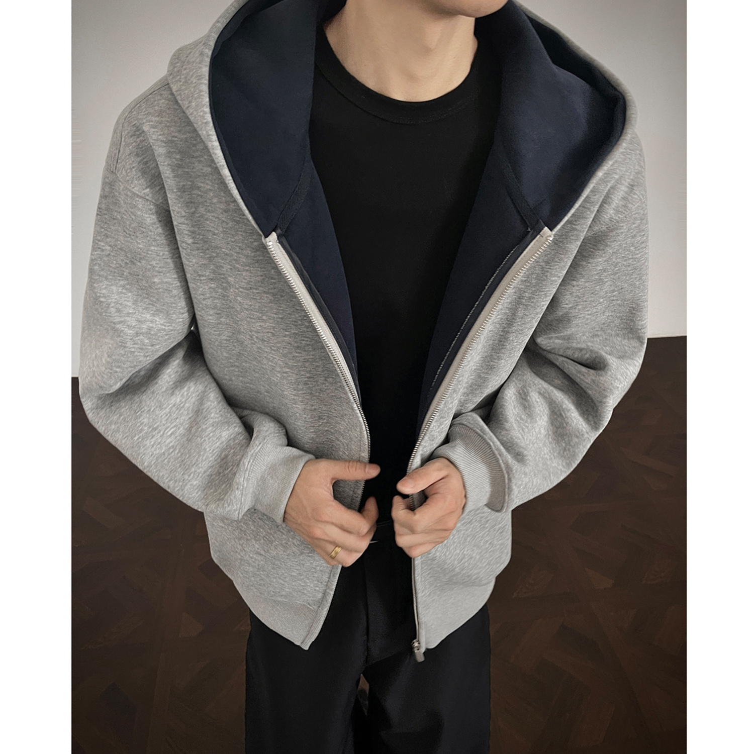 重磅双拉链开衫卫衣男款秋冬高级感美式重磅硬挺潮牌连帽卫衣外套