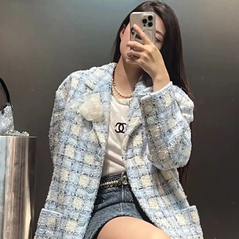 99新 Chanel/香奈儿 22B冰蓝格纹外套 36码 井柏然同款13879524