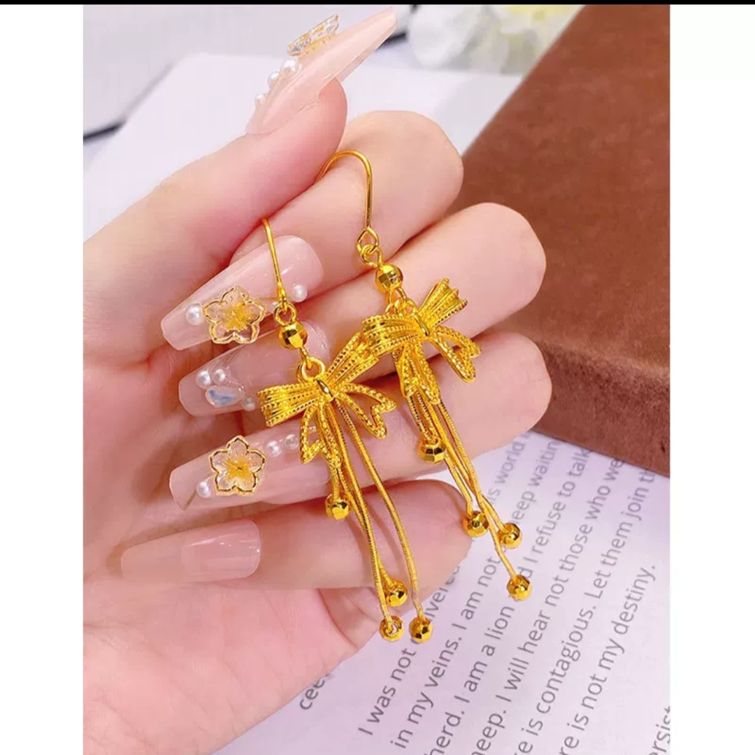 铜合金耳饰 蝴蝶结流苏耳坠超仙轻奢长款耳勾