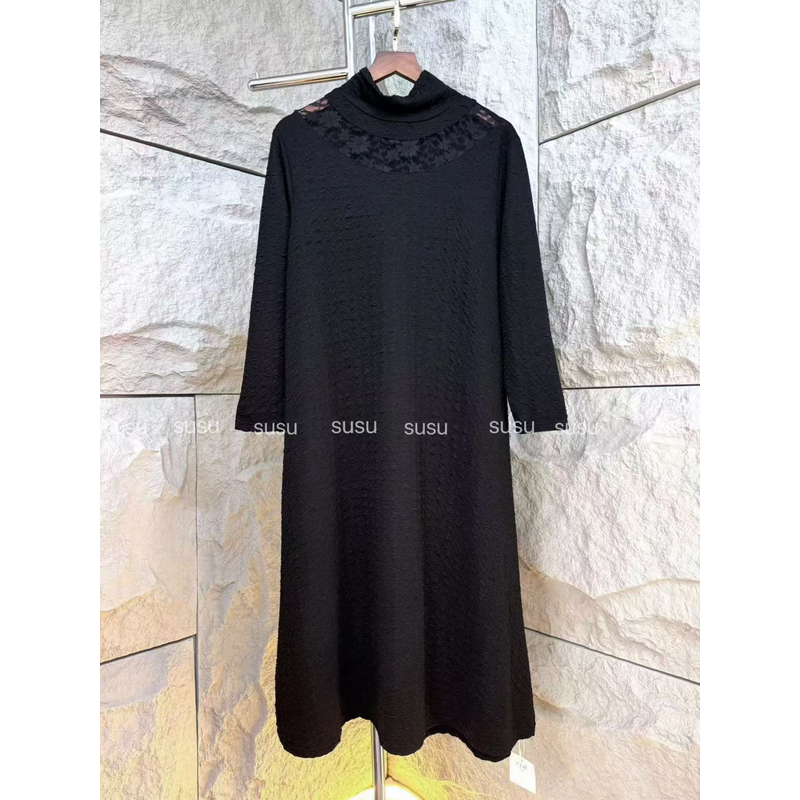 （WY）226/黑色立领拼接蕾丝舒适百搭连衣裙