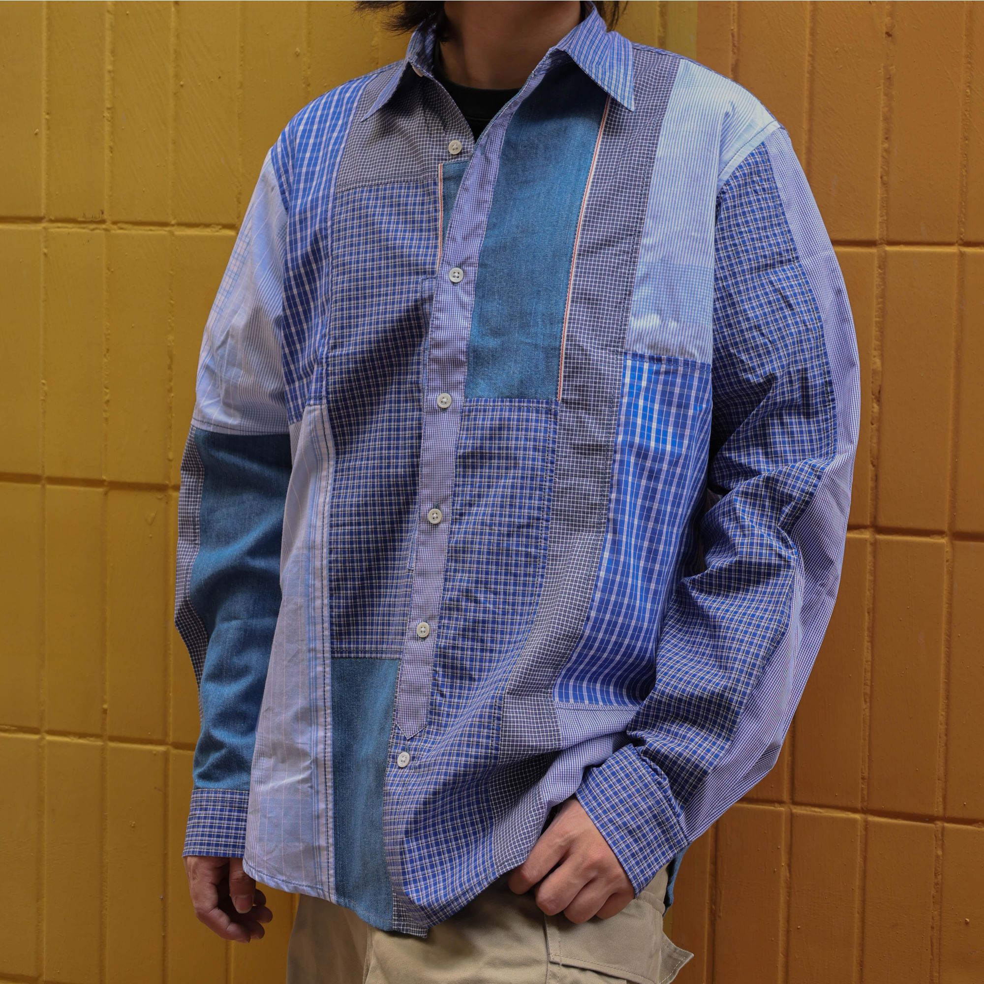 青年宽松型条纹格子拼接原创微皱衬衫男子拼接撞色