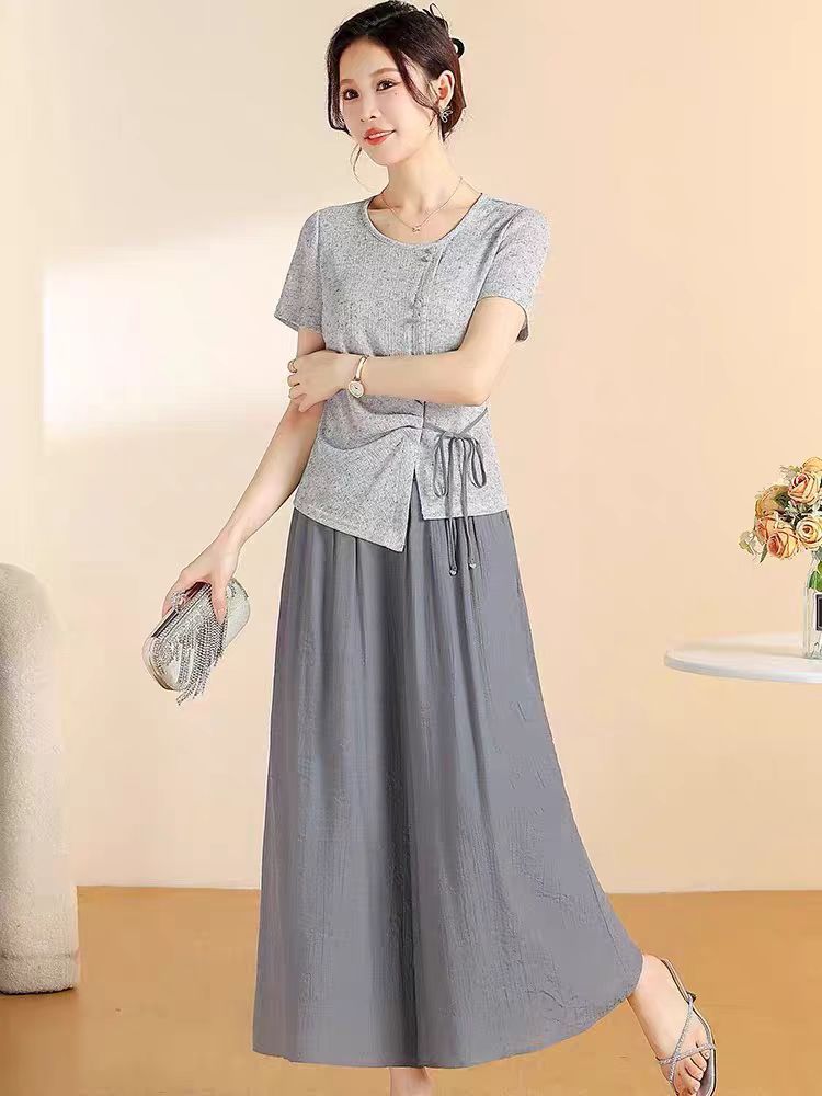 【SY423】2025年新款时尚休闲气质短袖小衫阔腿裙裤两件套套裤