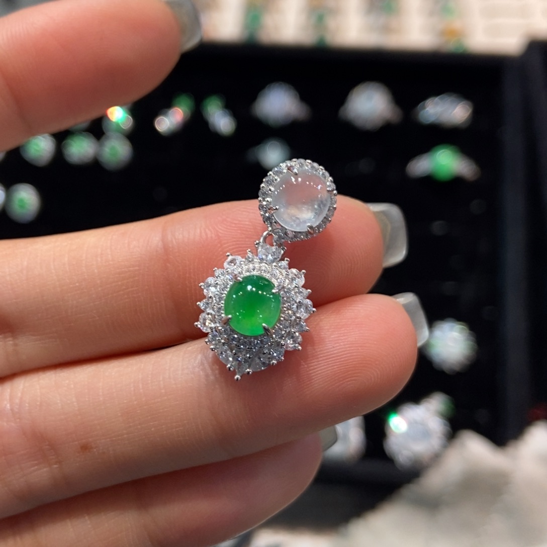 翡翠银S925镶嵌吊坠(不含链)天然缅甸