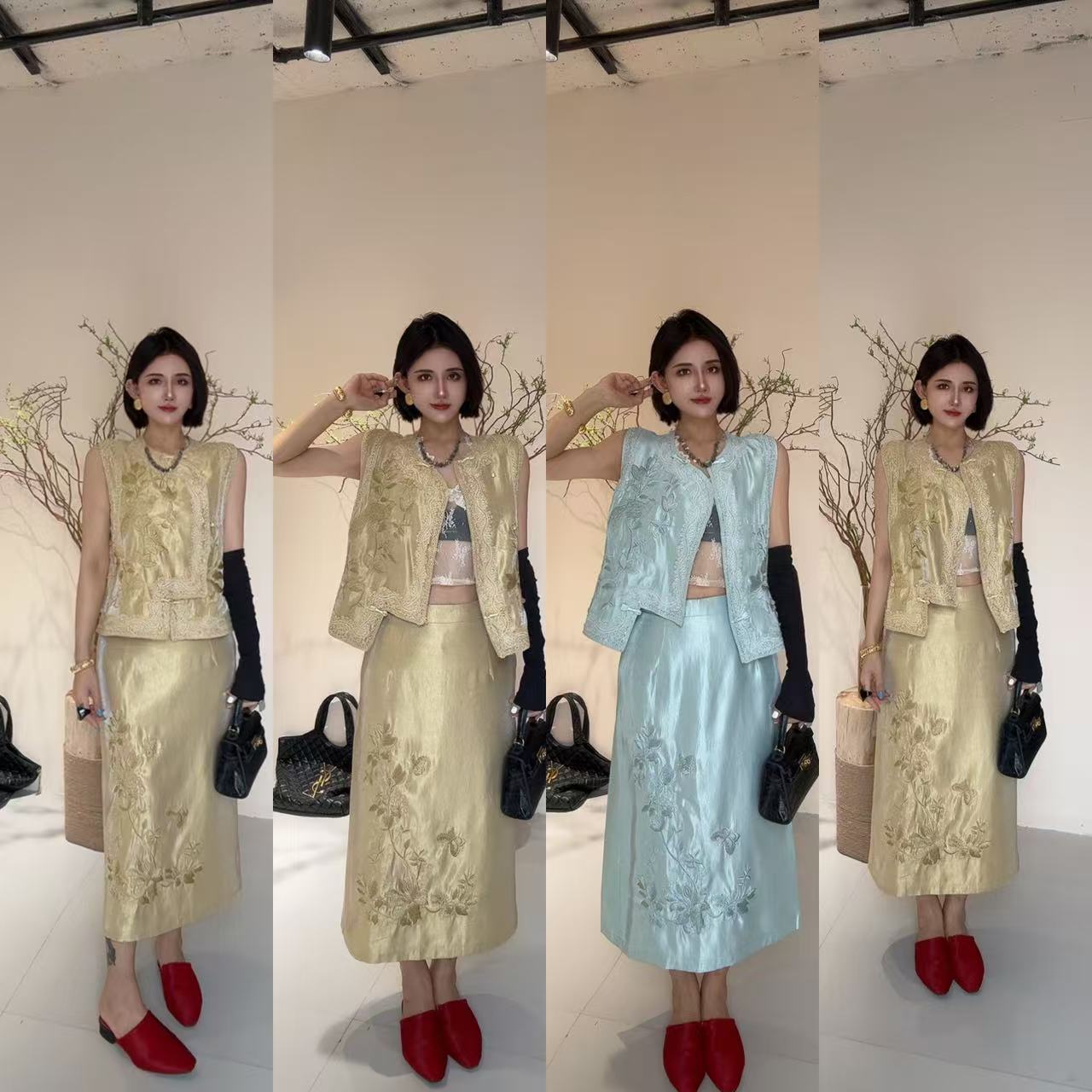 2025春秋季新款气质复古国风百搭马夹+长裙二件套