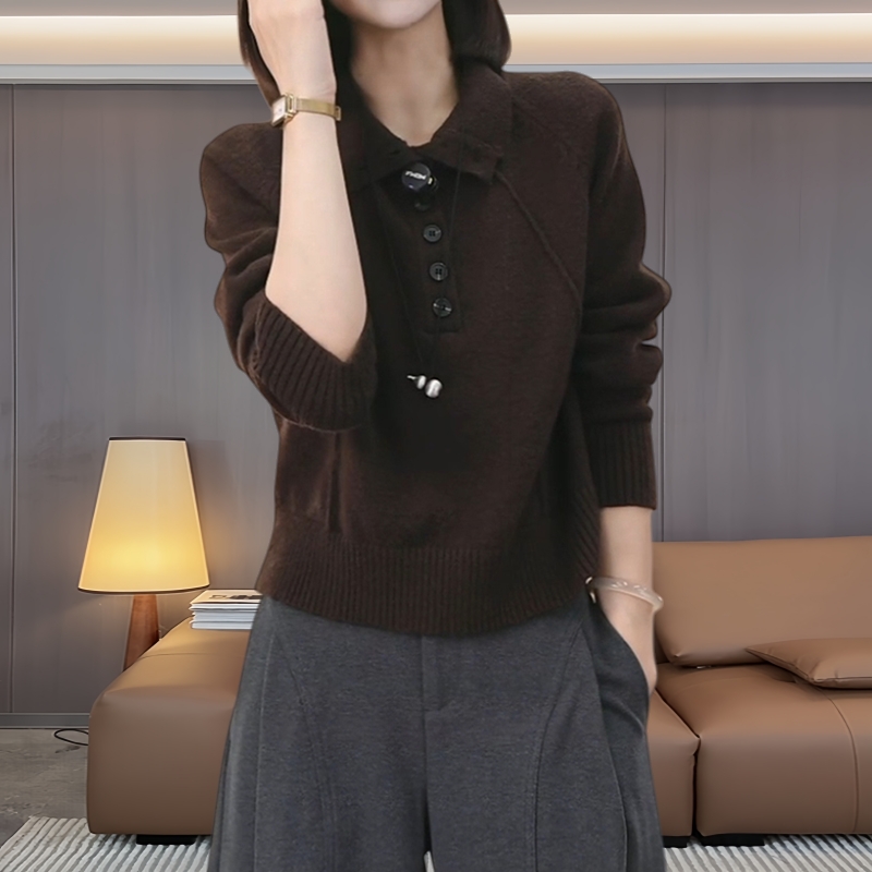 老钱风氛围感领口纽扣半高领套头针织衫春秋宽松显瘦百搭打底毛衣