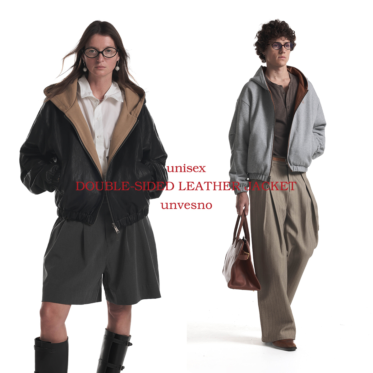 【双面穿】Unvesno(UN)Row风进口拉丝仿真皮卫衣连帽皮衣外套夹克