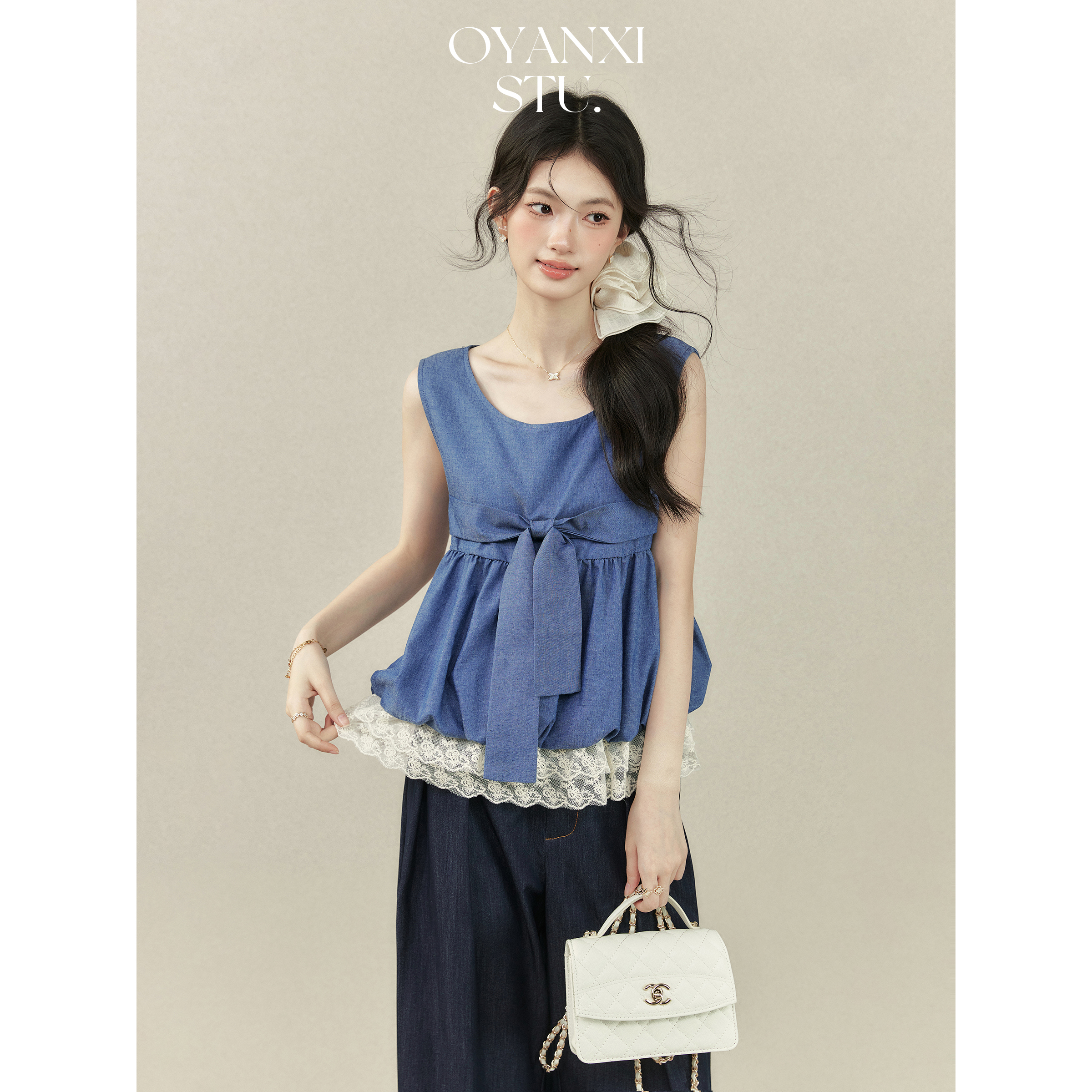 【清清】欧阳喜《海岛碎片》蝴蝶结拼蕾丝蓝色圆领无袖背心女夏季宽松