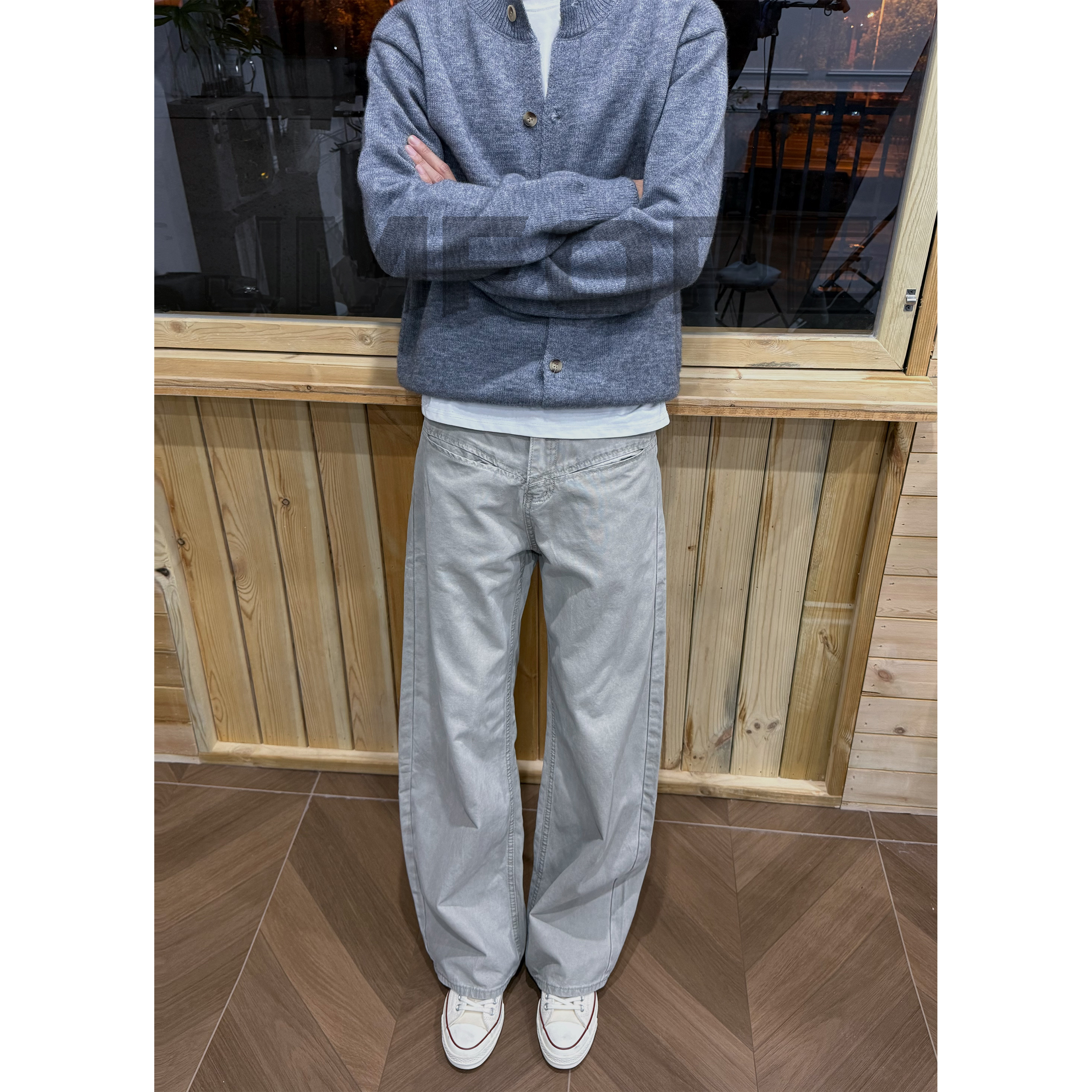 秋冬重磅水洗珠帆布提线硬挺600克重水泥白微弯刀工装裤休闲