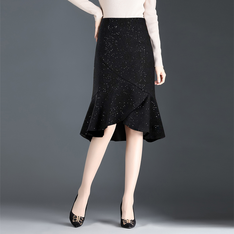 印花半身裙高腰显瘦鱼尾裙春夏不规则荷叶边包裙亮闪闪一步裙女