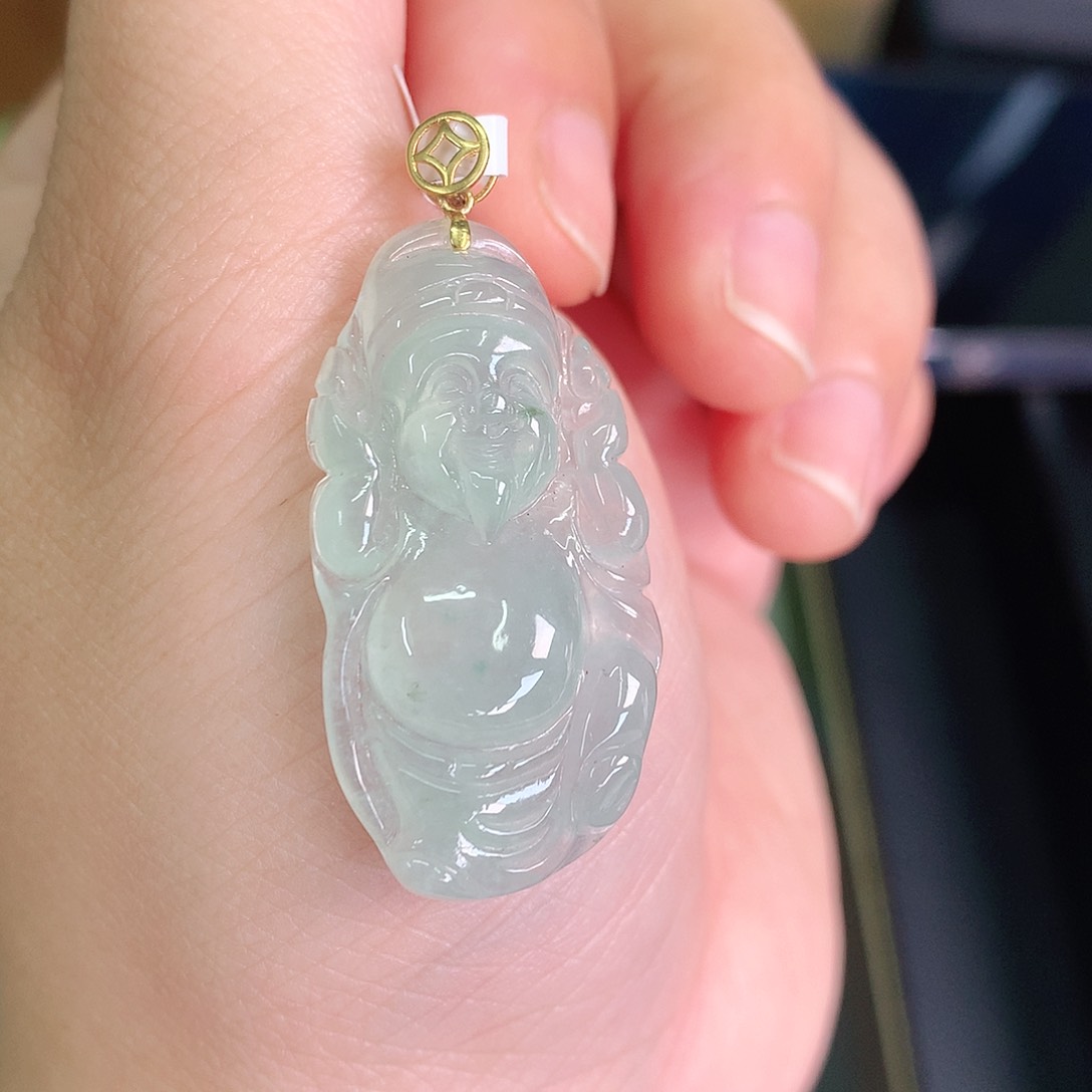 翡翠颈饰18K金镶嵌冰胶晴财神爷34*17.8*5.1