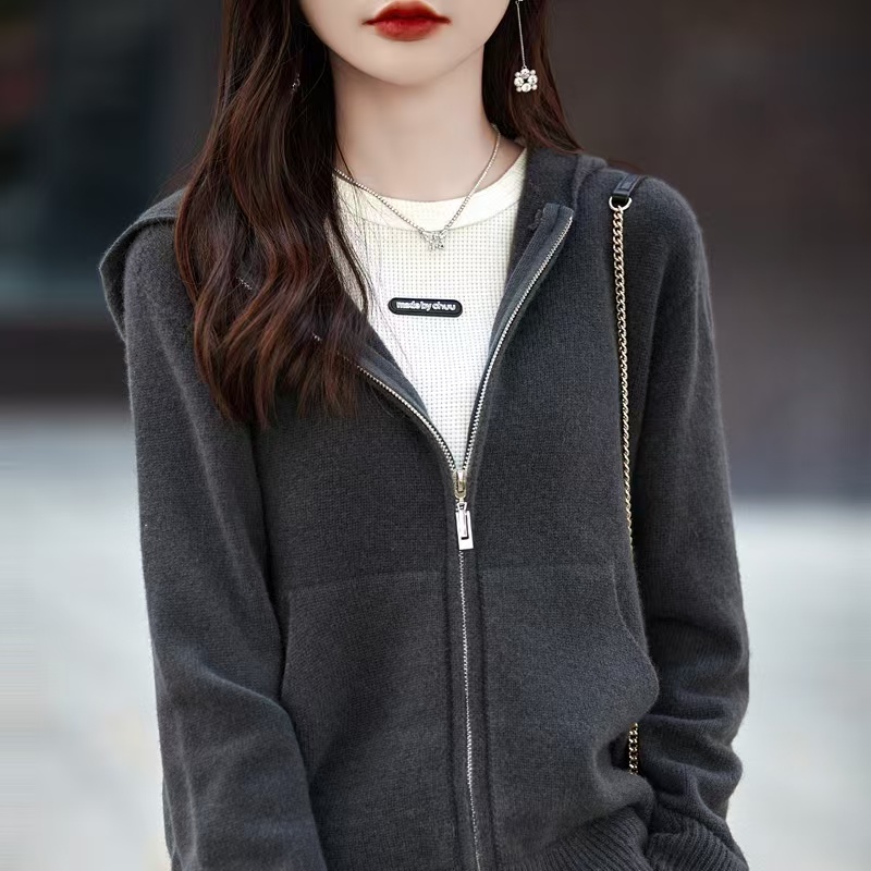 【100%羊毛连帽开衫】 七针加厚一线成衣连帽全羊毛针织开衫011