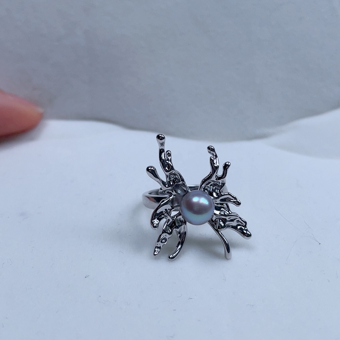 海水珍珠戒指银S925镶嵌真多麻蝴蝶珍珠戒指