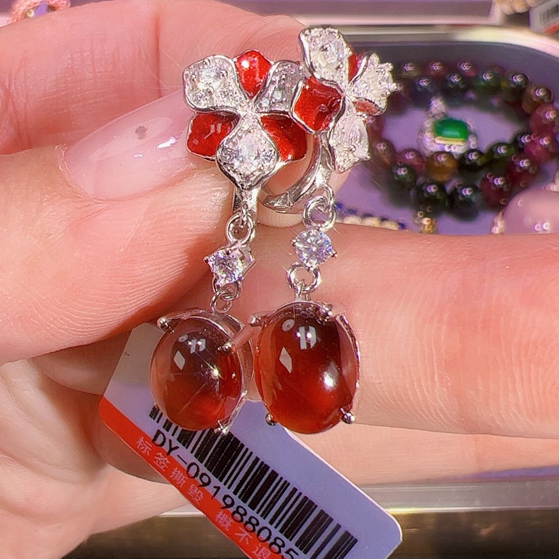 石榴石（芬达石）耳坠银S925镶嵌