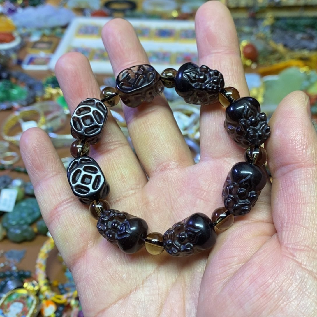 烟晶手串未镶嵌天然茶水晶貔貅手串