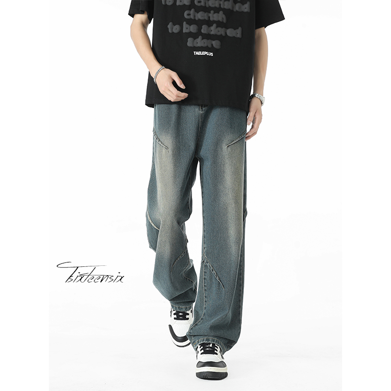 美式褶皱潮牌牛仔裤男春秋新款高街水洗做旧宽松直筒解构弯刀裤子