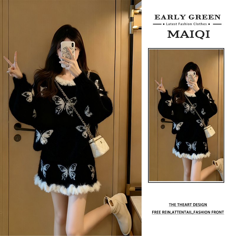 慵懒风显瘦减龄两件套女2025秋冬蝴蝶印花拼接毛边设计感针织套装