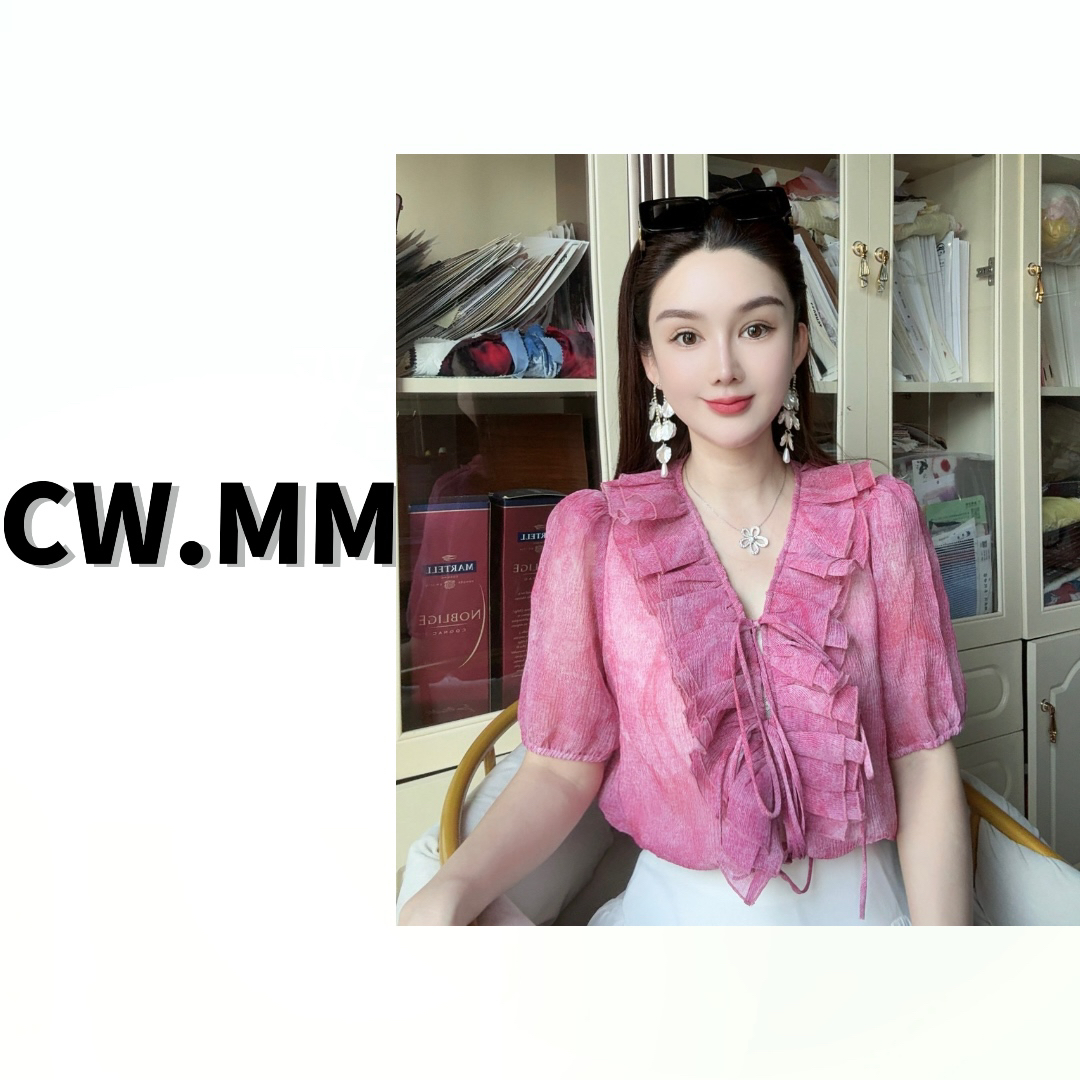 CW.MM 迷雾粉 洋气减龄荷叶领绑带灯笼袖上衣