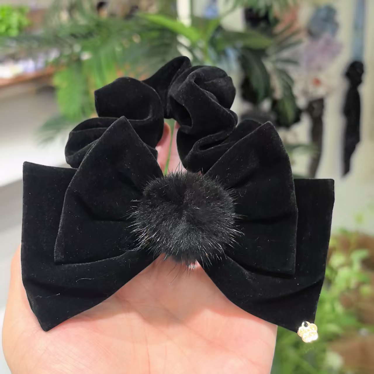秋冬新款黑色丝绒蝴蝶结水貂毛发圈4777