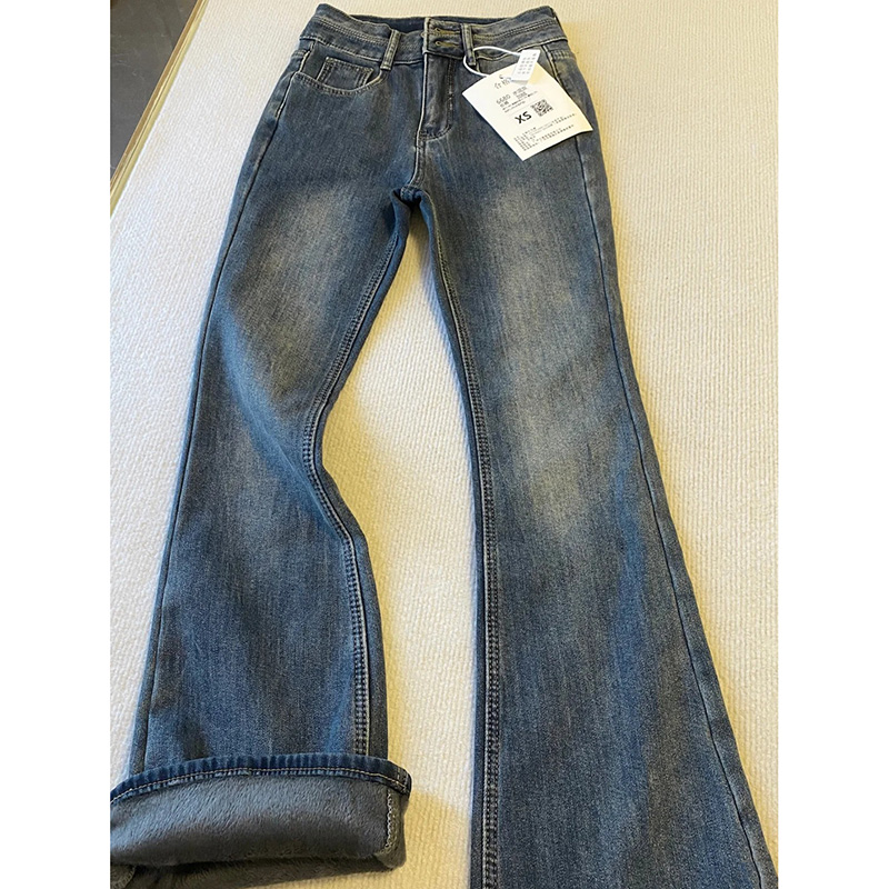 加绒加厚水泥灰微喇牛仔裤女2025秋冬高腰显瘦弹力修身喇叭马蹄裤