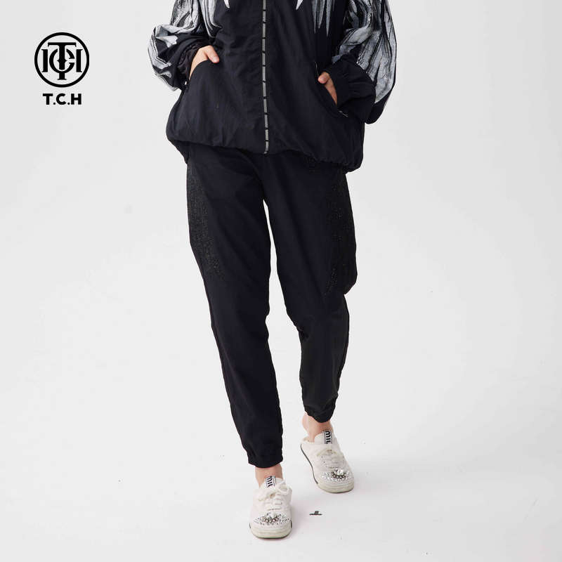 轻奢TCH潮牌翅膀烫钻休闲束脚裤2024秋冬百搭工装裤子T72C206026