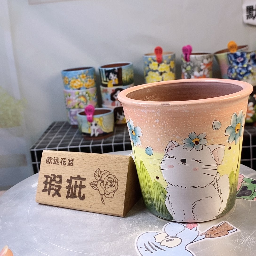 紫砂花盆红陶手绘花盆