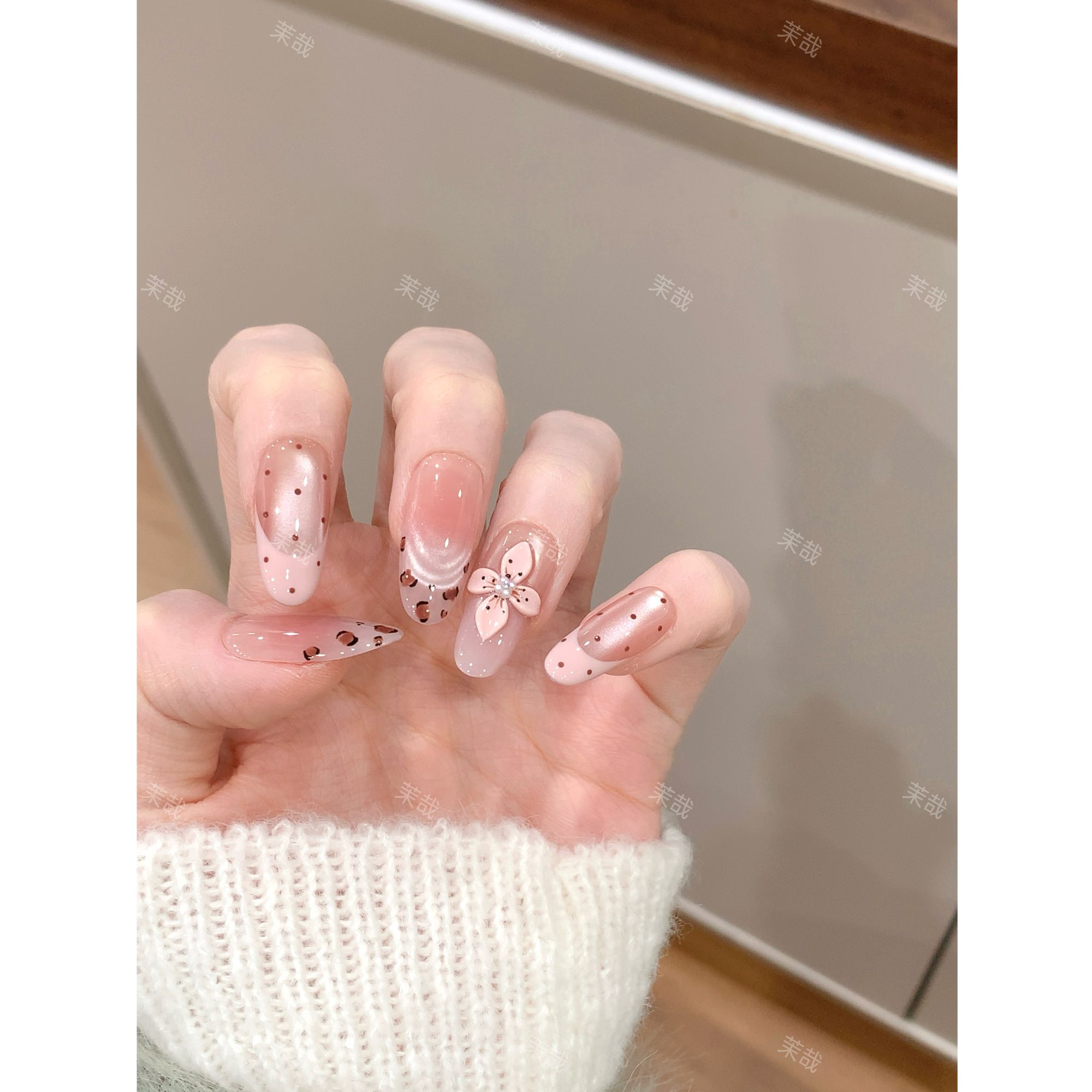 茉哉III【豹桃花】纯手工定制美甲拆卸穿戴甲A5296