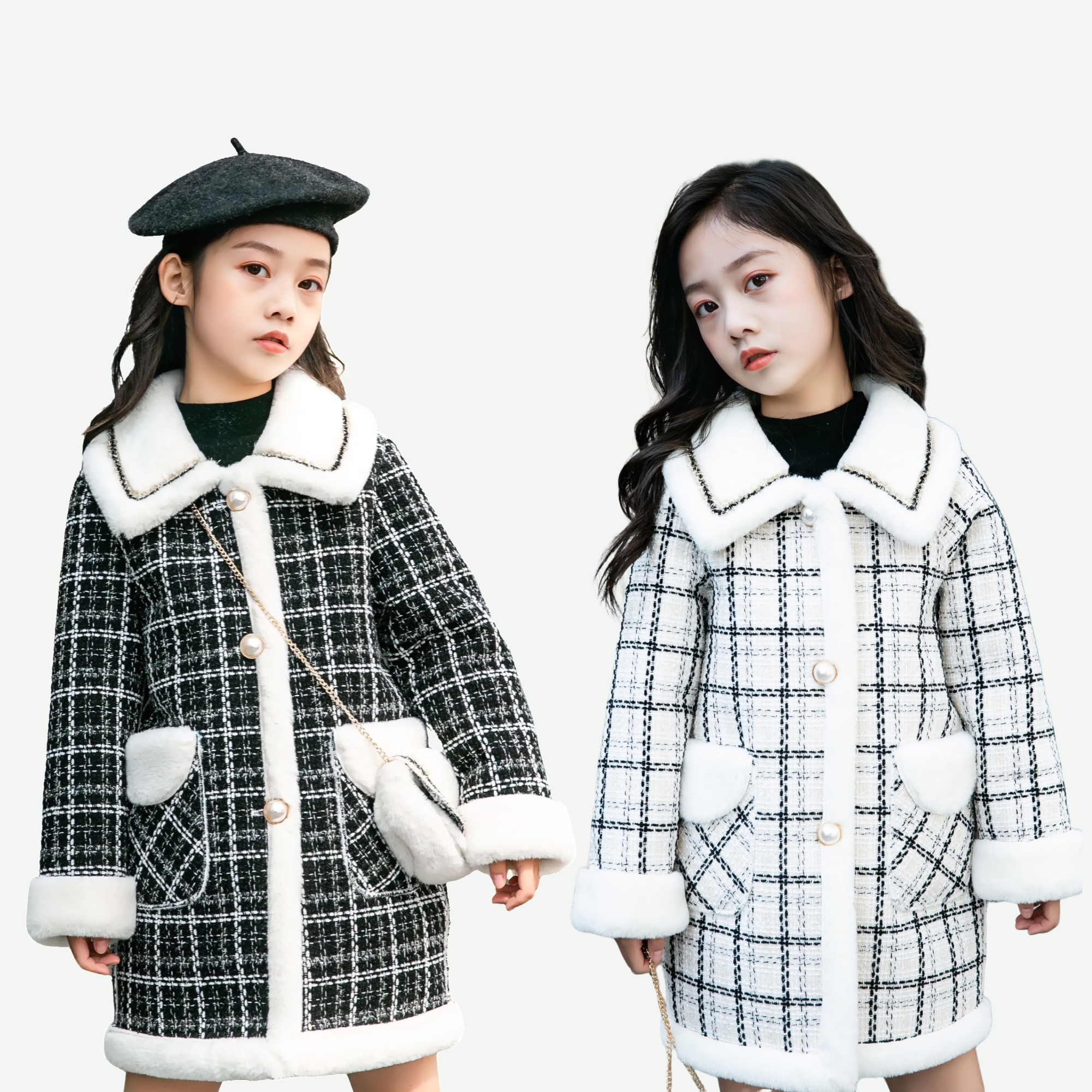 2025冬新款女童小香风格子加绒加厚外套冬季中长款毛呢外套001