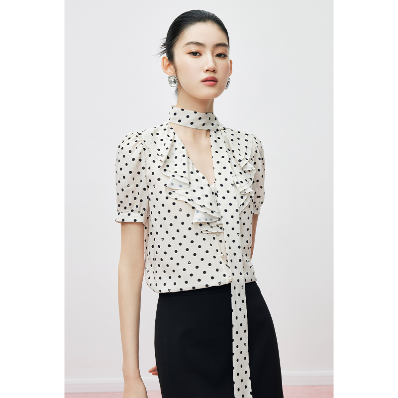 【诗语专属】MandyZhang飘带白色爱心波点衬衫女夏上衣