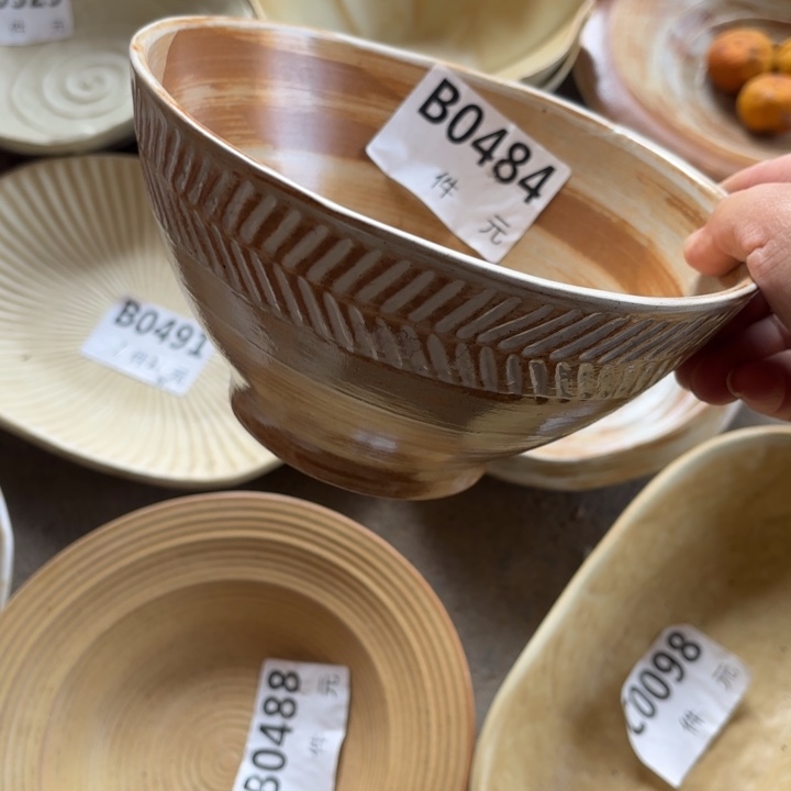 陶瓷484粗陶麦穗斗笠面碗1个