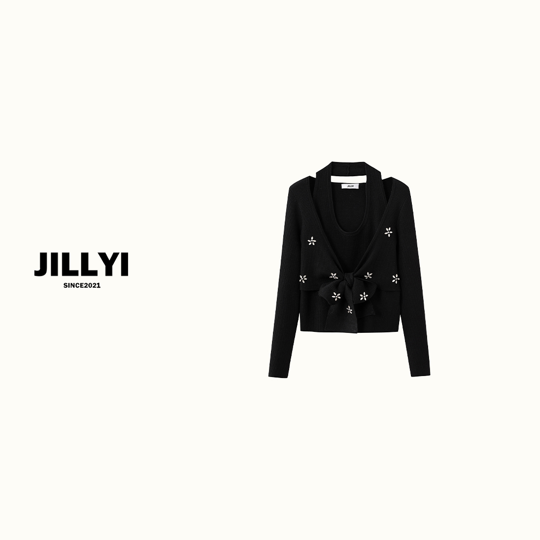 JILLYI南山店【钻石繁花】黑色吊带领钻石小花少女风气质假两件针织