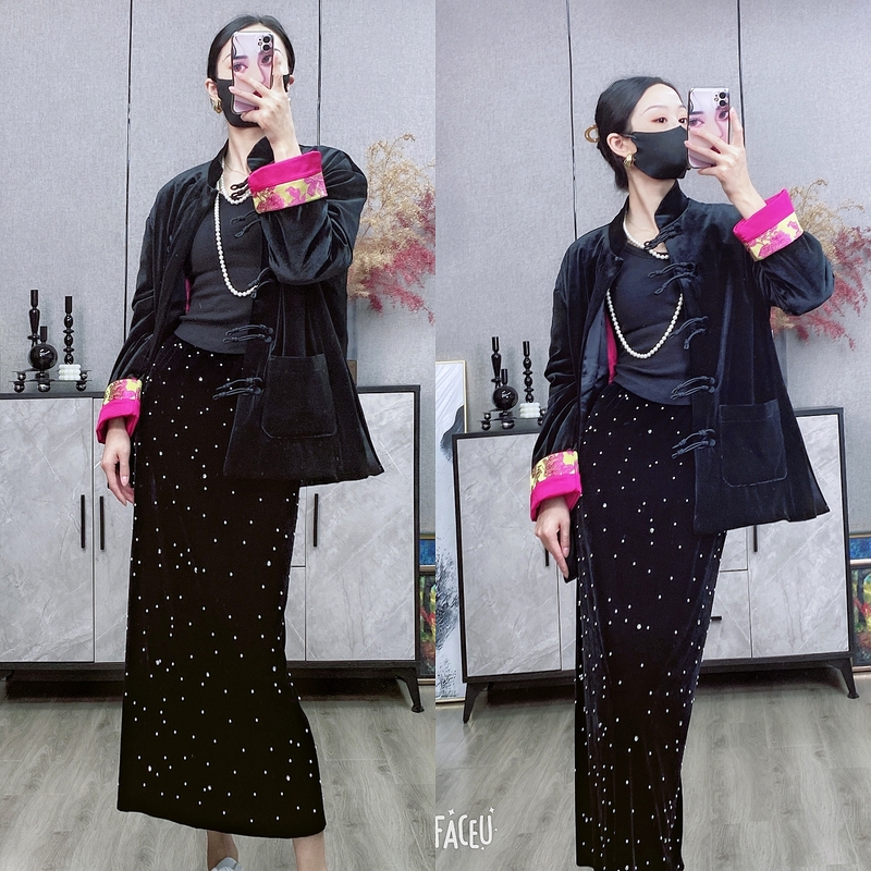 加棉丝绒新中式撞色拼接新款夹棉盘口中式丝绒上衣