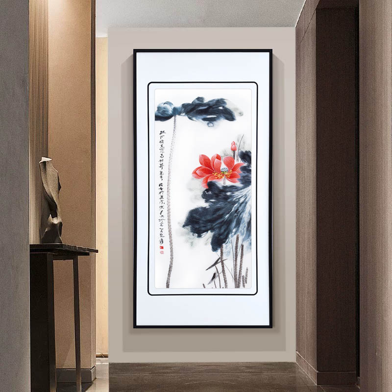 水墨荷花苏绣精品客厅挂画入户玄关装饰画新中式山水刺绣壁画国风