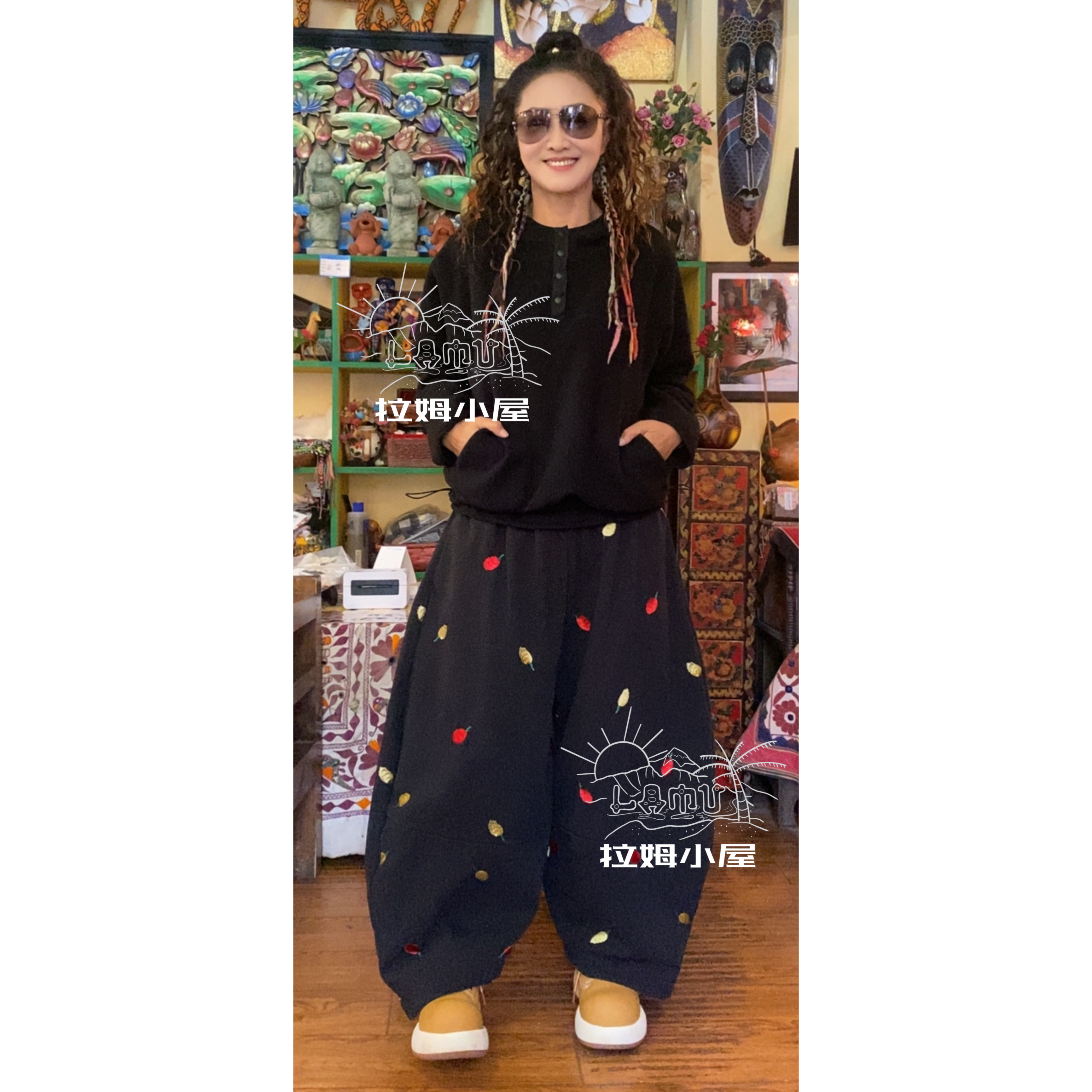 拉姆小屋 春季新品 帅气全松紧腰花花刺绣萝卜裤 韩国制造