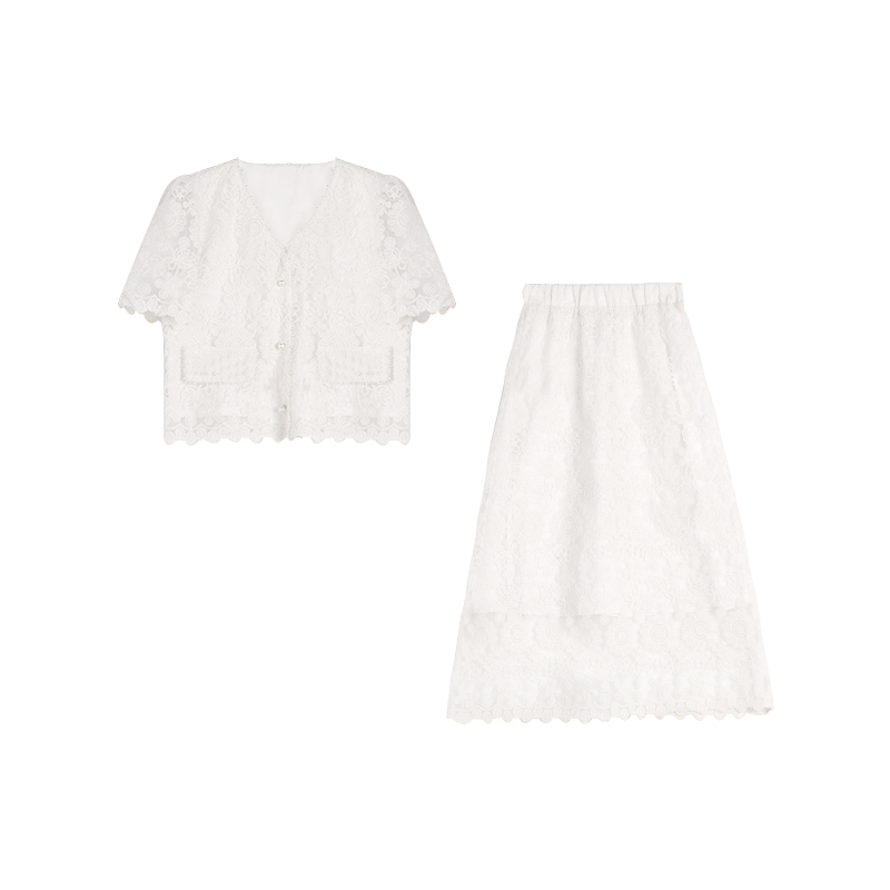 重工精致钉珠蕾丝套装裙女名媛风刺绣两件套TY8918