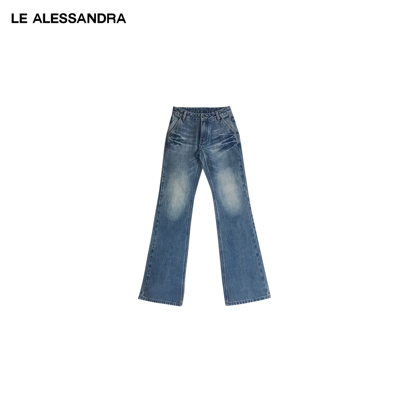品牌直营 LE ALESSANDRA 春夏洗水磨白喇叭捏褶蓝斜插口袋牛仔裤