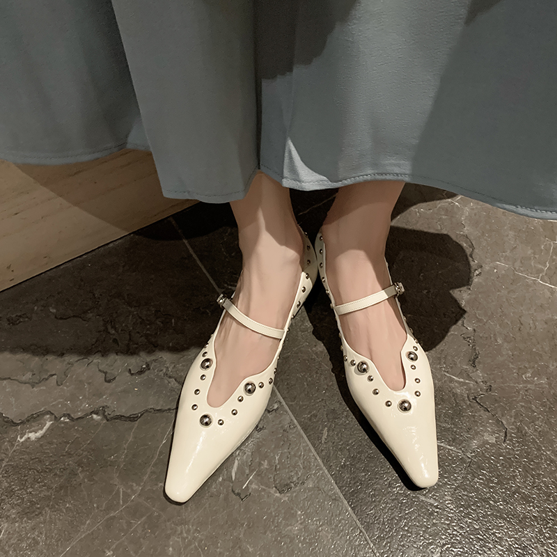 安羽【跟高2厘米】时尚百搭夏季法式粗跟包头平底尖头气质浅口单鞋