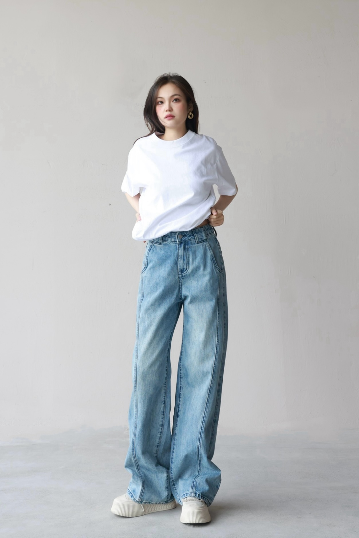 春秋季爆款窄版阔腿裤牛仔裤设计感高腰显瘦百搭9026#