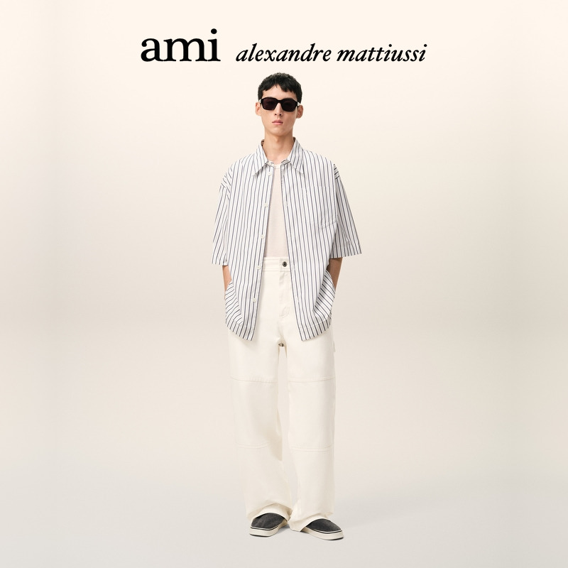 【早春新品】Ami Paris 男士棉帆布缝线阔腿裤 长裤